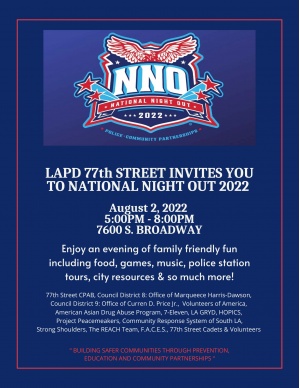 National Night Out - Tuesday, 8/2/22 from 5-8pm at 77th St. Community Police Station 